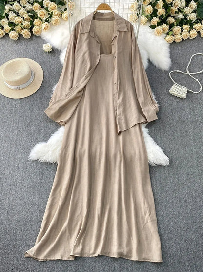 Muslim Women Shirt Dress Two Piece Set Solid Modest Suits Ramadan Musulman Ensemble Morocco Dubai Abayas Islam Outfits Jalabiya.