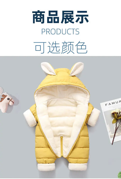 Winter Neue Baby Strampler Jungen Mädchen Patchwork Dicke Plus Samt Overalls Winddicht Mit Kapuze Overalls Schneeanzug Ein Stück Body.