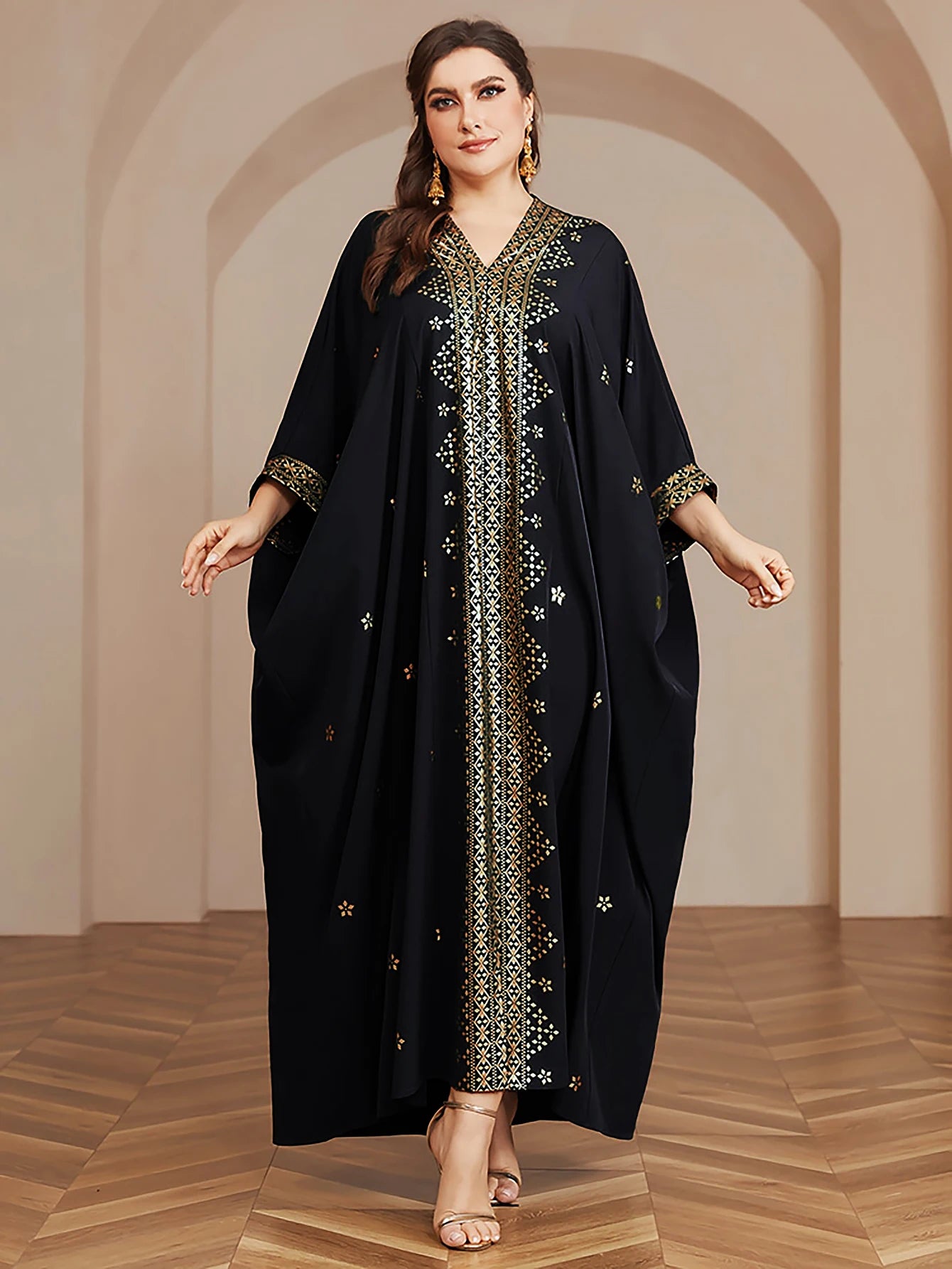 Wow! Langarm-Abaya in Übergröße mit Goldfolie – atemberaubendes arabisches Kleid, steigern Sie Ihren Stil für jede Veranstaltung!.
