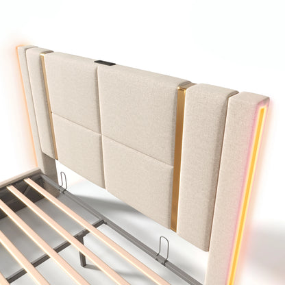 KOMHTOM Doppelbett- USB Type C Ladefunktion, APP-Control LED, Stauraumbettgestell, Leinenmaterial, ohne Matratze