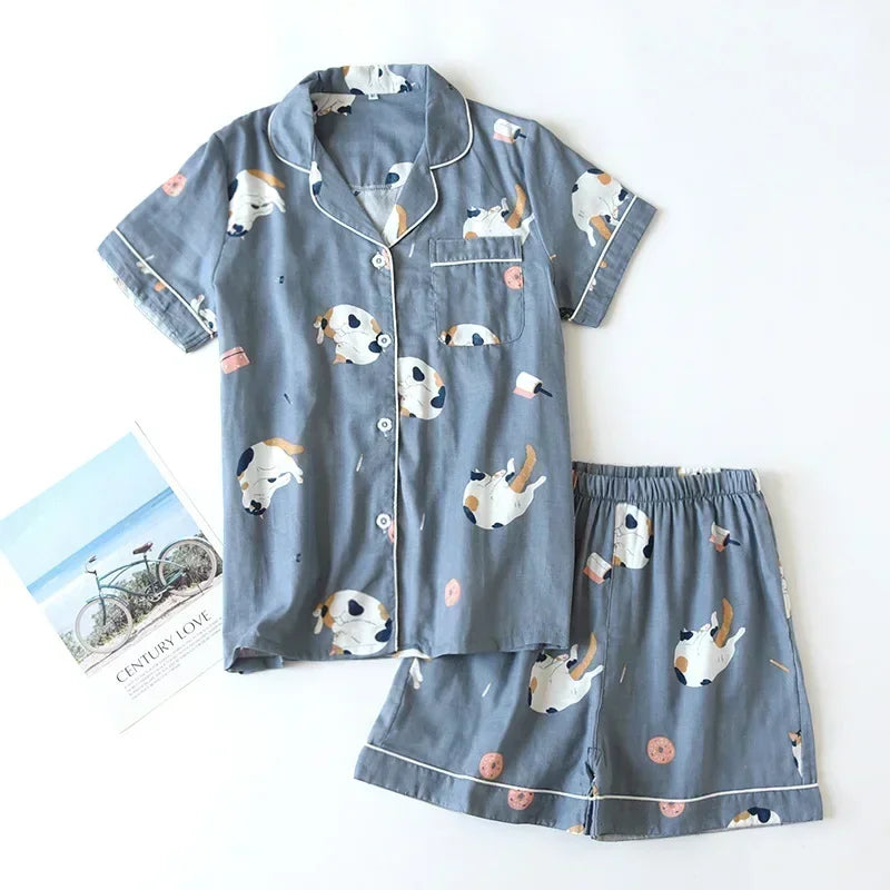 Japanische einfache kurze Pyjamas Frauen 100 % Baumwolle kurze Ärmel Damen Pyjama Sets Shorts süße Cartoon Nachtwäsche Frauen Homewear.