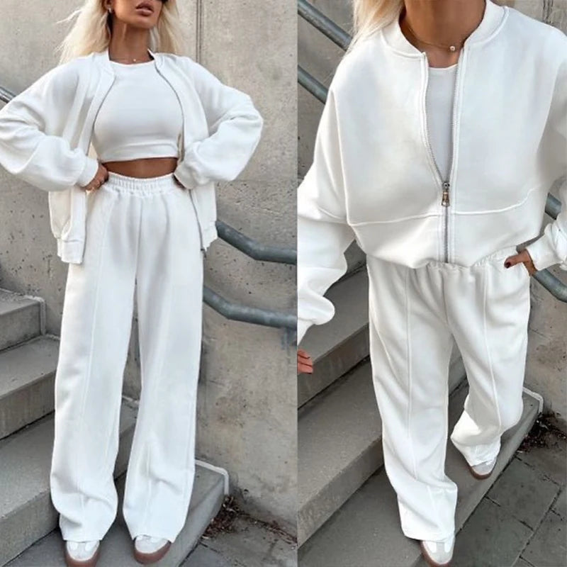 BKLD 2025 Casual Women's Tracksuit Sets Zip-up Loose Cropped Cardigan+Drawstring Sweatpants Solid Fashion Running Street Outfits.