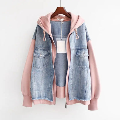 Fake Two-piece Denim Hoodies Coat Women Spring Autumn Trend Cardigan Hoodie Casual Loose Hooded Baseball Jacket Streetwear Woman.