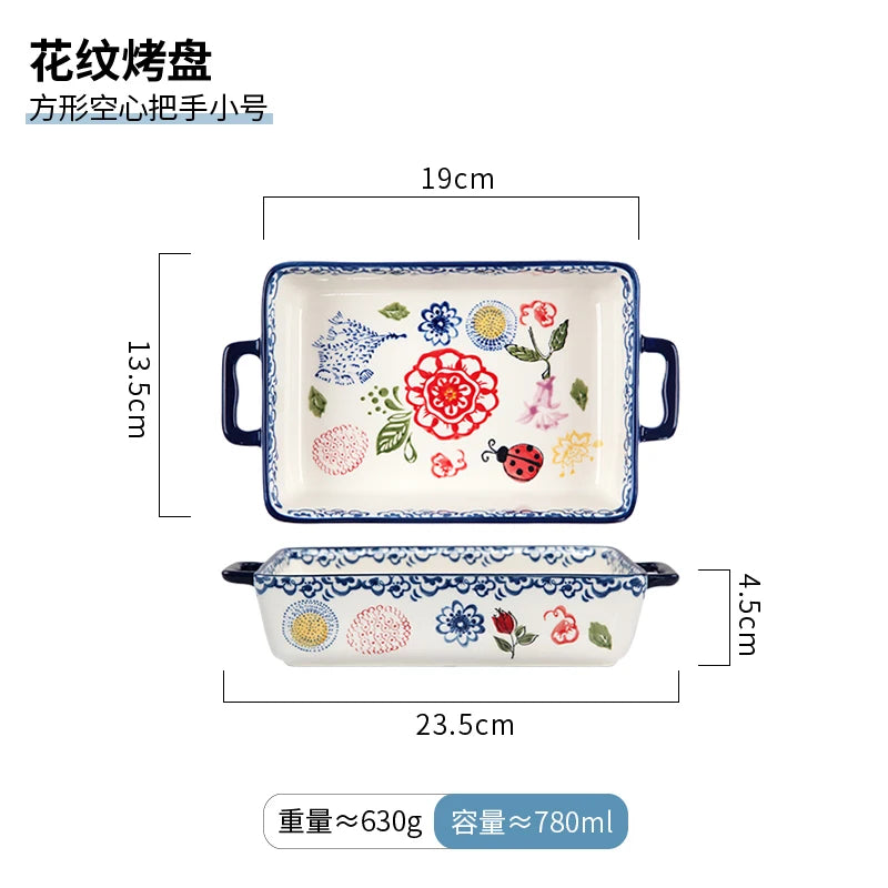 Rectangular/elliptical Double Ear Plate Cheese Baked Rice Tray Ceramic Baking Tray Oven Household Large Square Plate Tableware.