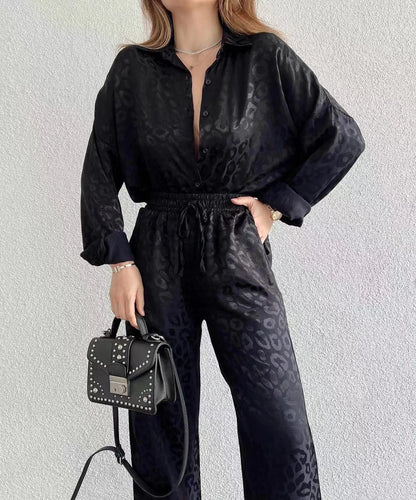 2024 Autumn White Satin Wide Leg Trousers Suit For Women Office Leopard Print Two-Piece Set Home Tracksuit Female Pajamas Sets.