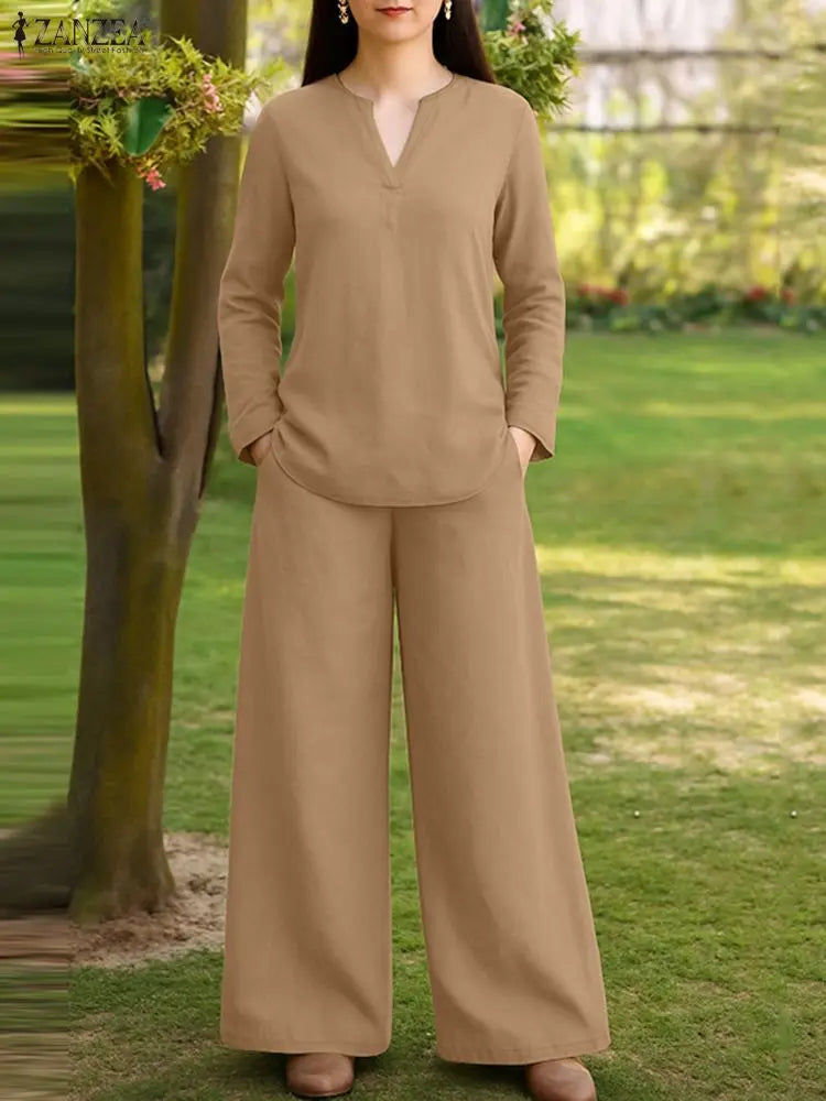 2025 ZANZEA Stylish Autumn 2 Piece Sets Women Outfit Casual V Neck Long Sleeve Tops Pant Set Solid Loose Work Tracksuit Oversize.