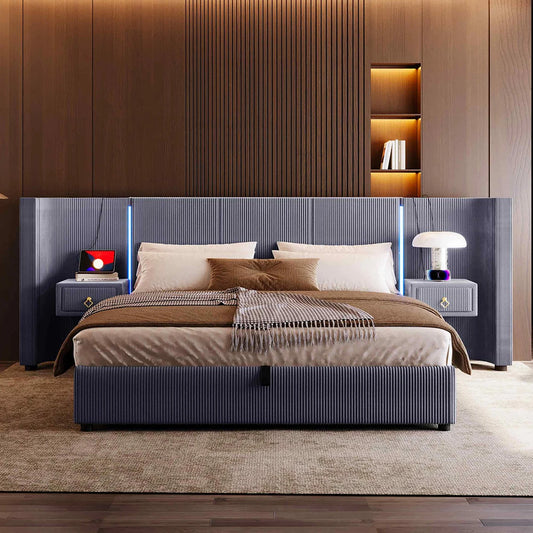 KOMHTOM Polsterbett 180x200cm, Samt mit, LED-Leiste, hydraulischem Stauraum, 2 Schubladen und USB+TYPE-C Anschluss