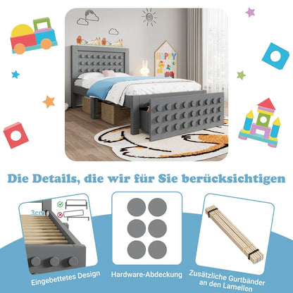Jugendbett mit kreativem Blockdesign, Gestell aus Massivholz mit Gitterrost, mit Stauraum unter dem Bett, ohne Matratze