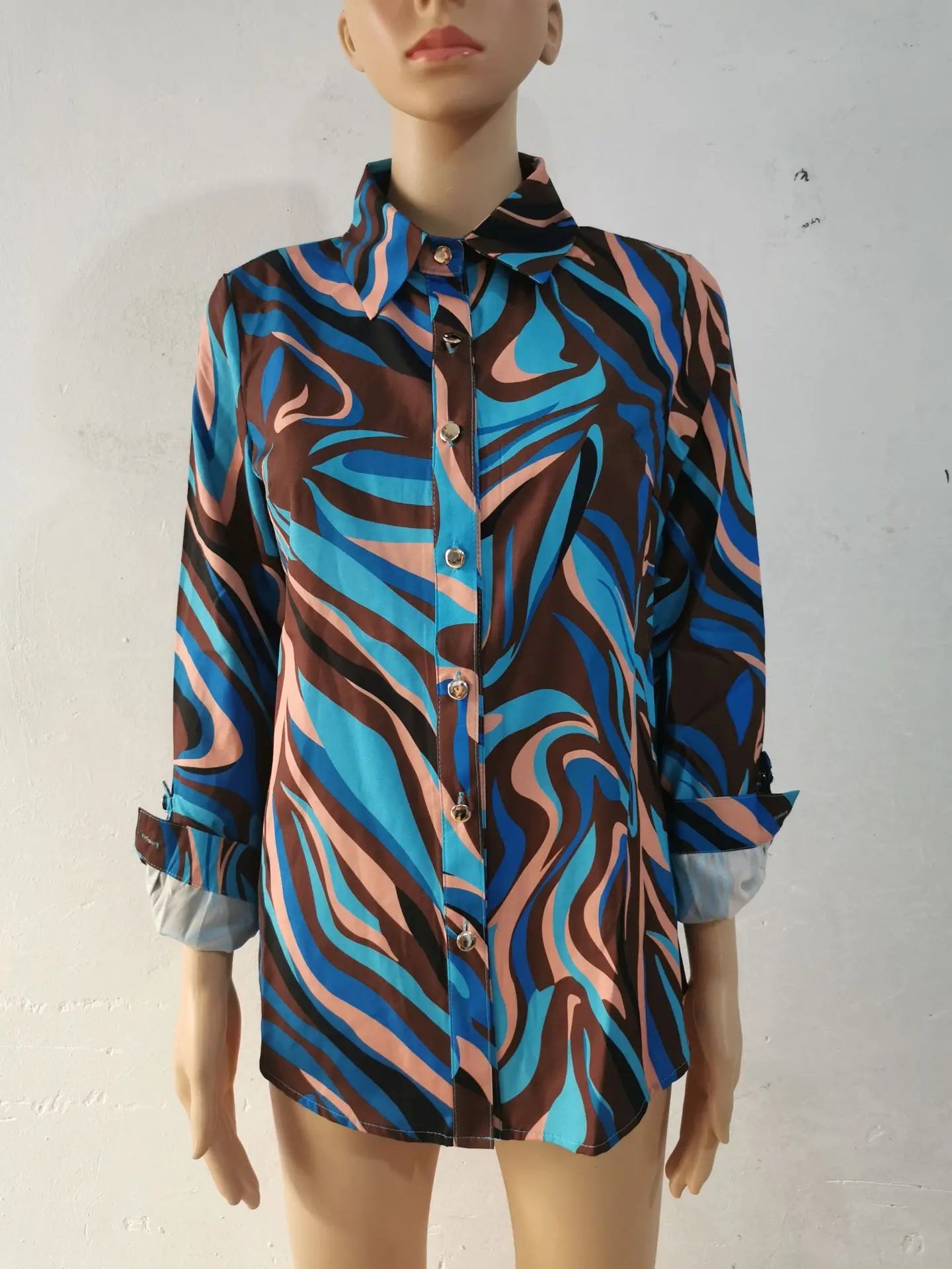 Blue Women's Long-sleeved Shirt, Single-breasted Collar Commuter Shirts, White and Black Slim-fit Top