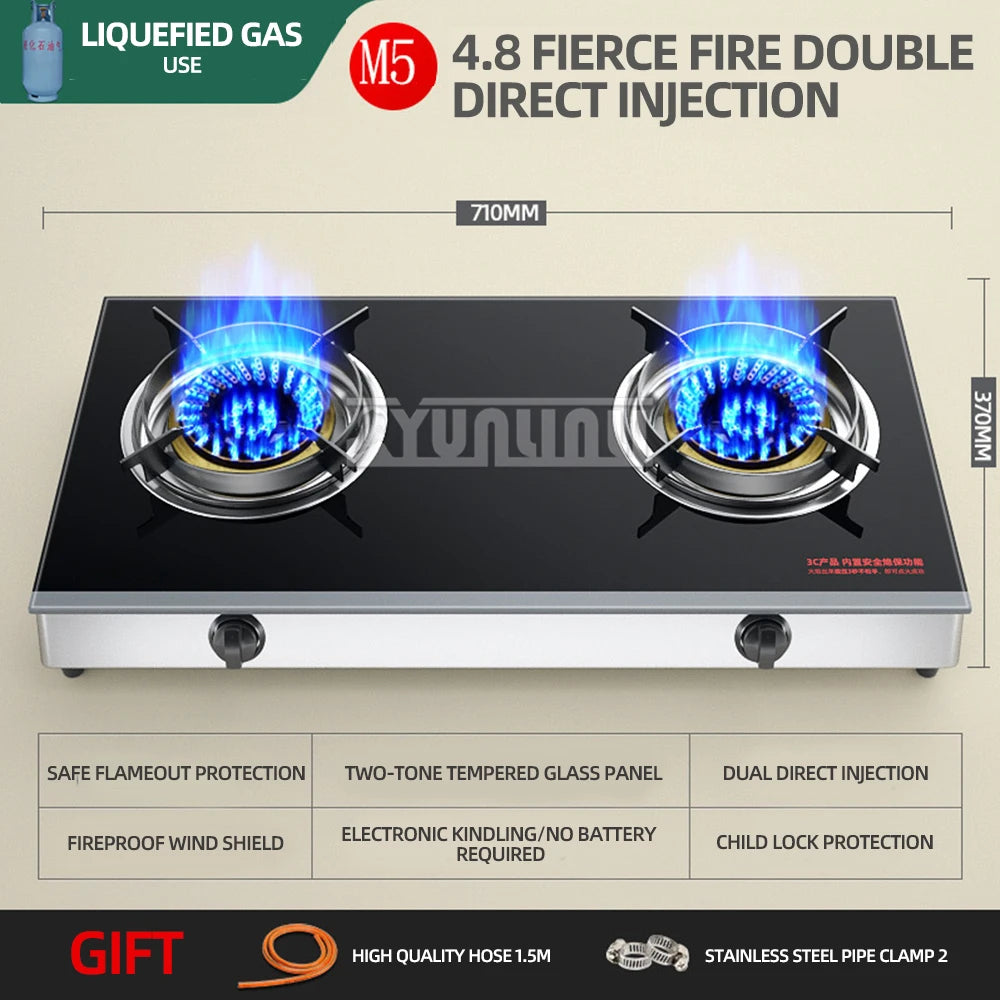 Household Desktop Natural Gas Liquefied Gas Timing Stove Double-Hole Fierce Fire Kitchen Cooker Tool.