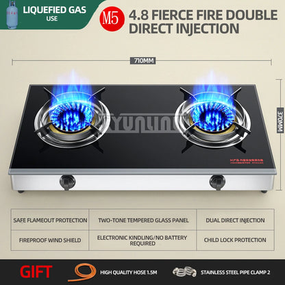 Household Desktop Natural Gas Liquefied Gas Timing Stove Double-Hole Fierce Fire Kitchen Cooker Tool.