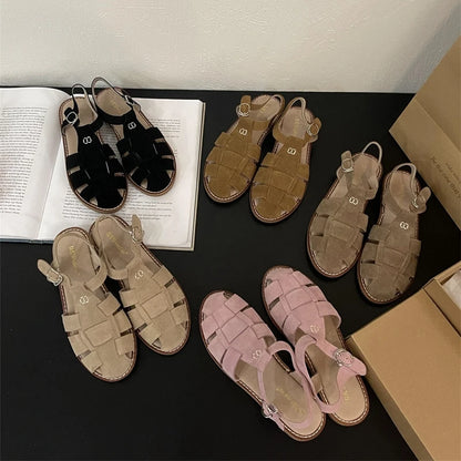 DIMANYU Women's Roman Sandals 2023 Summer New Flat Retro Real Leather Ladies Sandals Hollowed Women's Cage Shoes