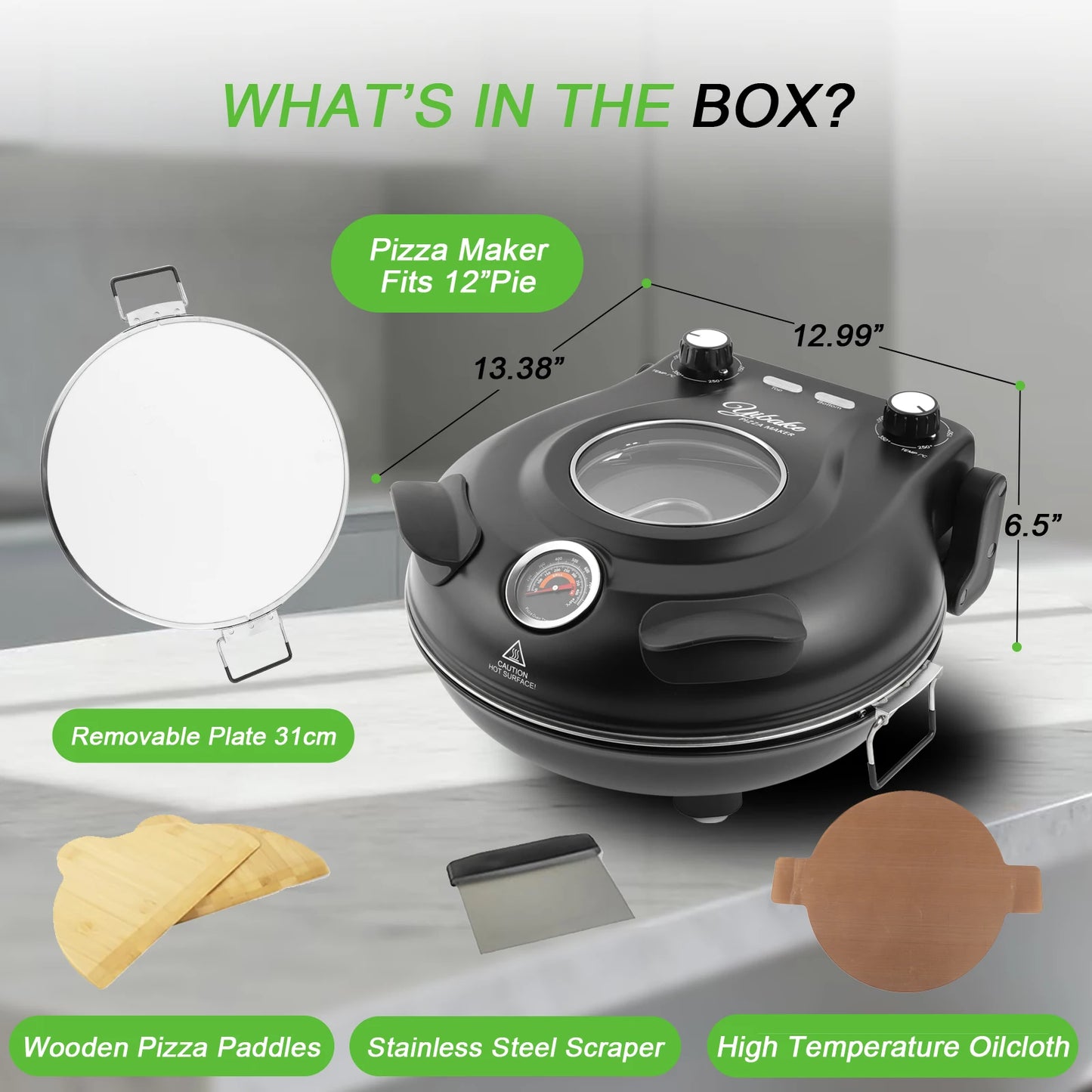 YIBAKE 12-Zoll-Elektro-Pizzaofen für den Innenbereich, antihaftbeschichtet, Keramikstein, erhitzt bis zu 420 ℃   für köstliches gebackenes Pizzeria-Set