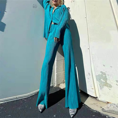 2024 Spring Autumn Women's New Solid Color Button Shirt Long Sleeve Drop Feel Loose Soft Wrinkle Casual Two Piece Set