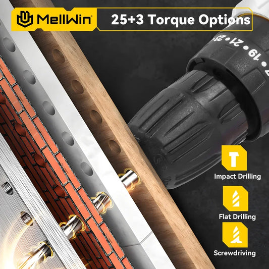 MELLWIN 25 + 3 Drehmoment elektrische Bohrmaschine 12 V Akku-Bohrschrauber Elektroschrauber 2 Gang Geschwindigkeit einstellbar Mini-Elektro-Treiber-Werkzeugsatz