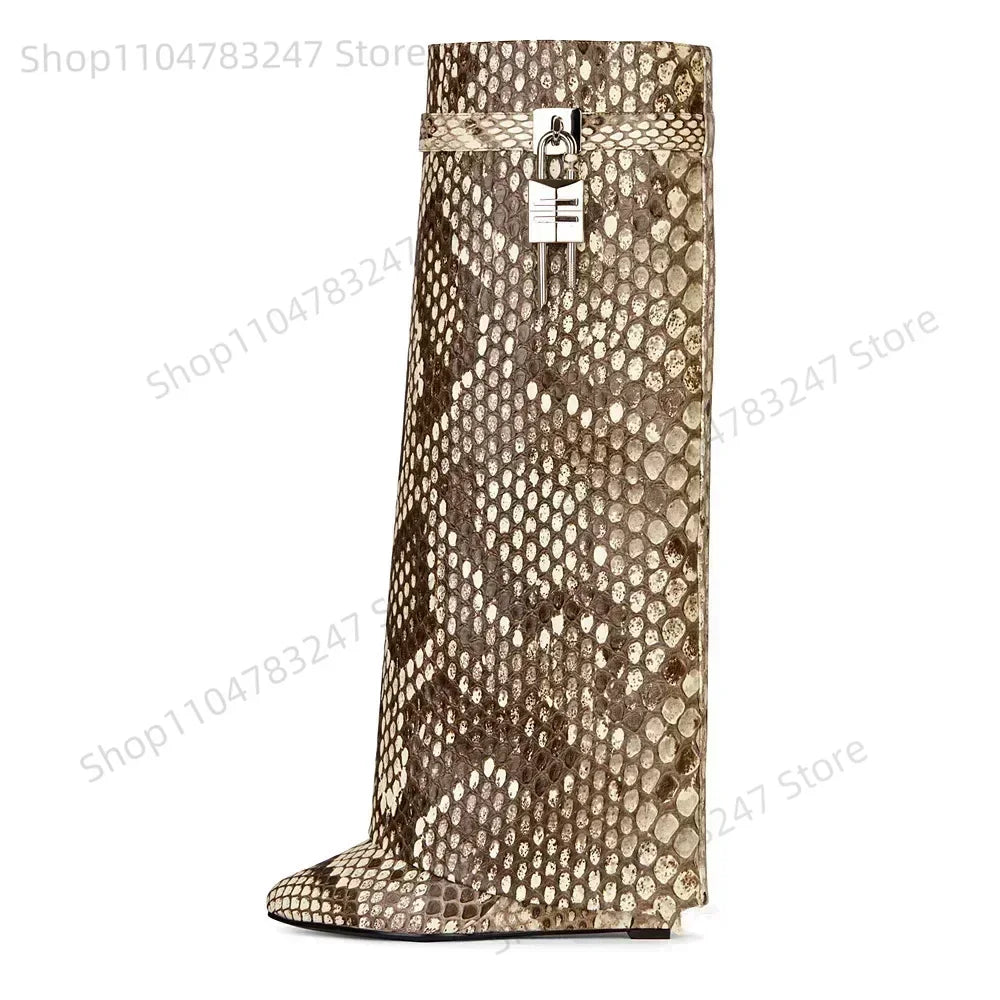 2025 Autumn Winter Lock Boots Women Designer Knee Boots Women Brand High Heel Knight Boots Fold Fashion Gothic Wedge Long Boot.