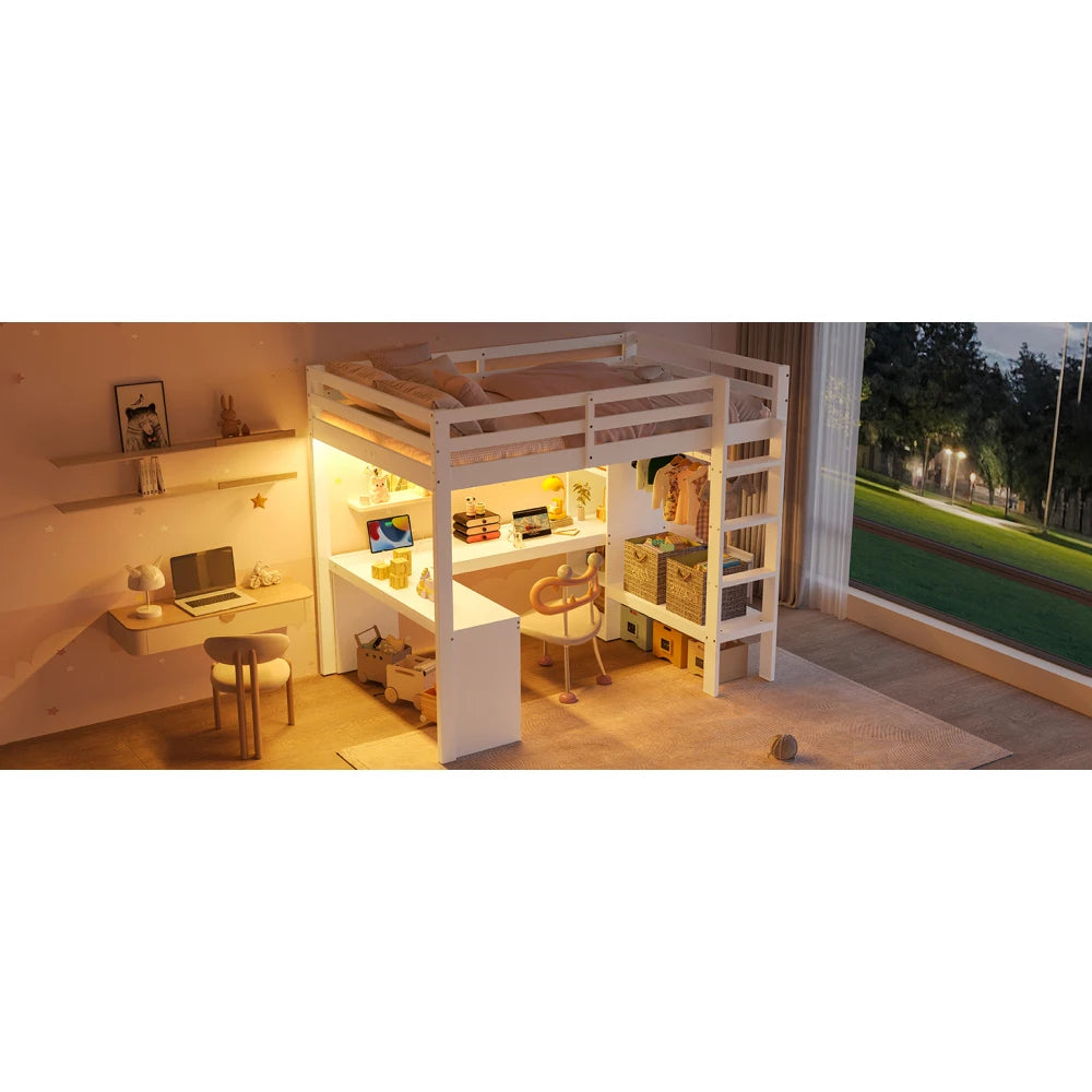Modernes Kinder-Hochbett 140 x 200 mit Multifunktionsregalen, Unterbett-Schreibtisch, LED-Licht und USB, Kleiderschrank mit Stauraum, für Schlafzimmer