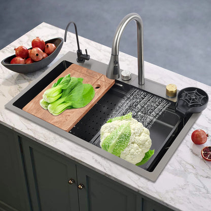 75 cm große Küchenspüle aus Edelstahl, Haushaltsspülbecken-Set mit großem Fassungsvermögen und mehreren Zubehörteilen, 3 Wasserausgangsmodi