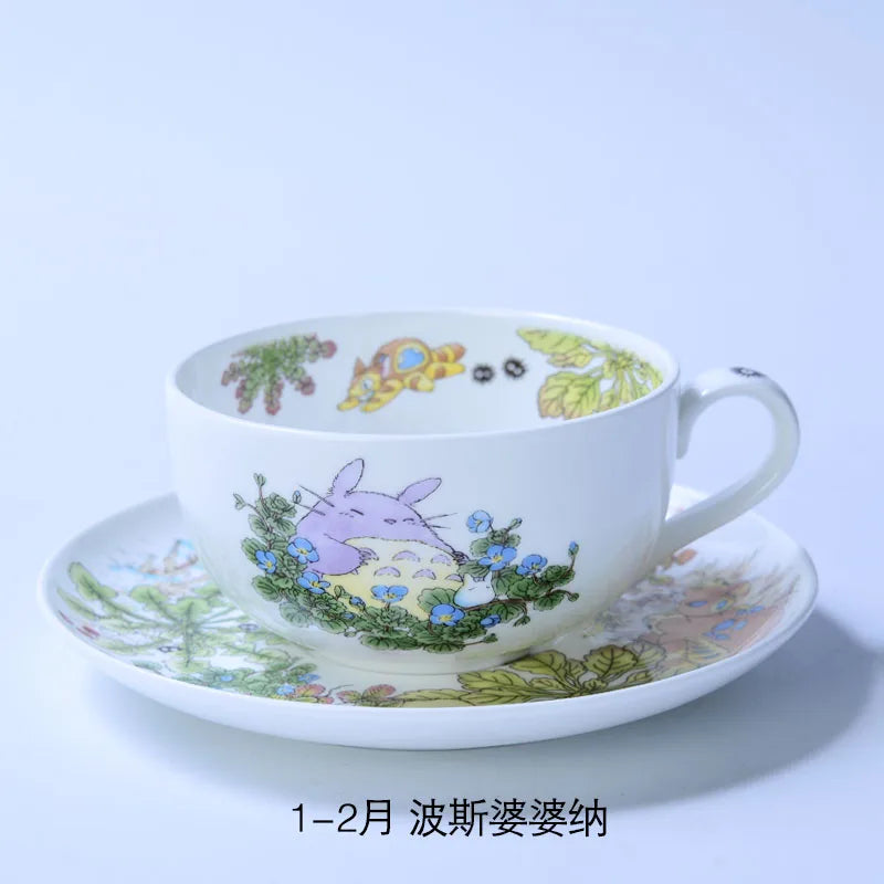 Bone China Dinner Plate Anime Cup and Saucer Set Coffee Mug Cute Cartoon Pattern Ceramic 9.5 Inch Dish Household Tableware Gift