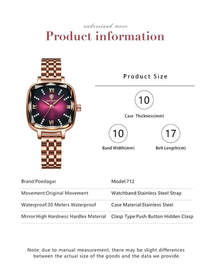 POEDAGAR High Quality Luxury Women Watch Stainless Steel Square Waterproof Quartz Ladies Wristwatches Dress Elegant Femme Clocks.