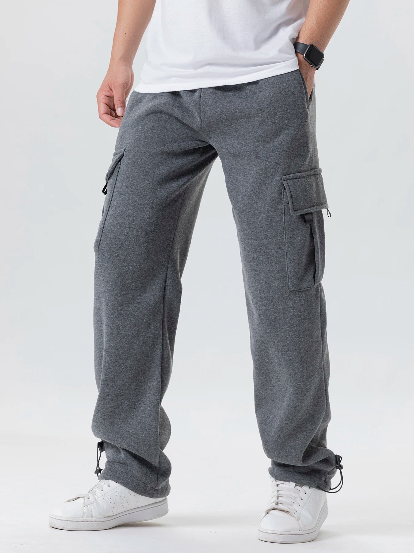 Mens Sweatpants Straight Fit Casual Pants Autumn Winter Men Running Jogger Sports Gym Trousers Solid Color Multi-pocket Pants.