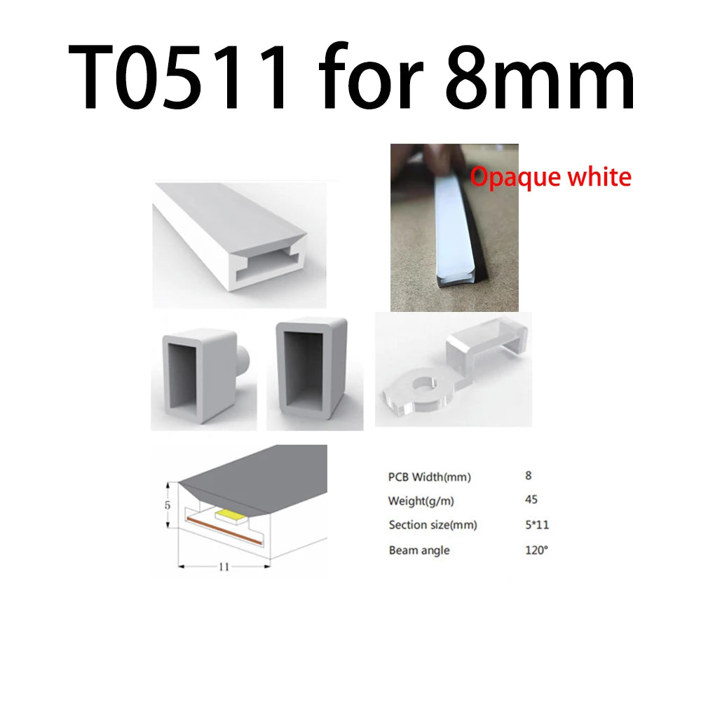 LED Silicone Neon Tube T0511 T0513 T0515 T0308 Flexible Protection Cover Transparent Matte Black Milky For 6-12mm WS2812  Strip.