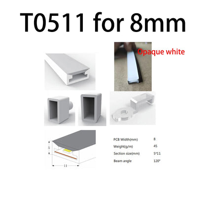 LED Silicone Neon Tube T0511 T0513 T0515 T0308 Flexible Protection Cover Transparent Matte Black Milky For 6-12mm WS2812  Strip.