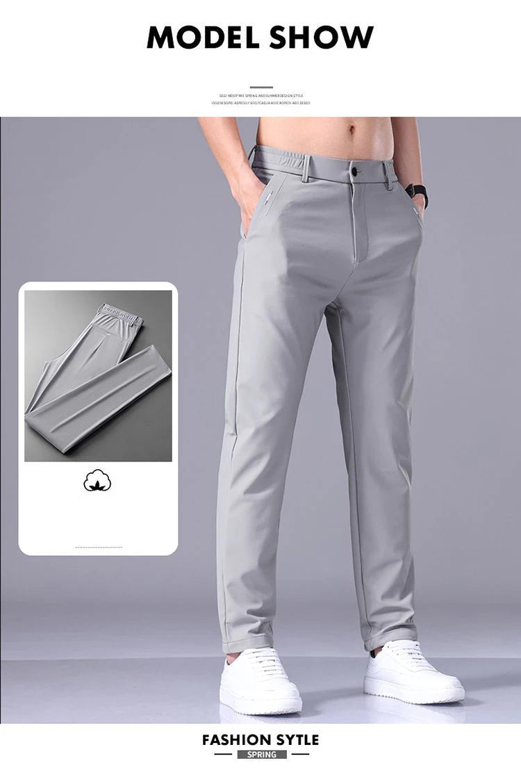 Ultra-thin Elastic Men's Casual Trousers Summer Quick-drying Ice Silk Slim Straight Business Solid Color Trousers Black Gray.