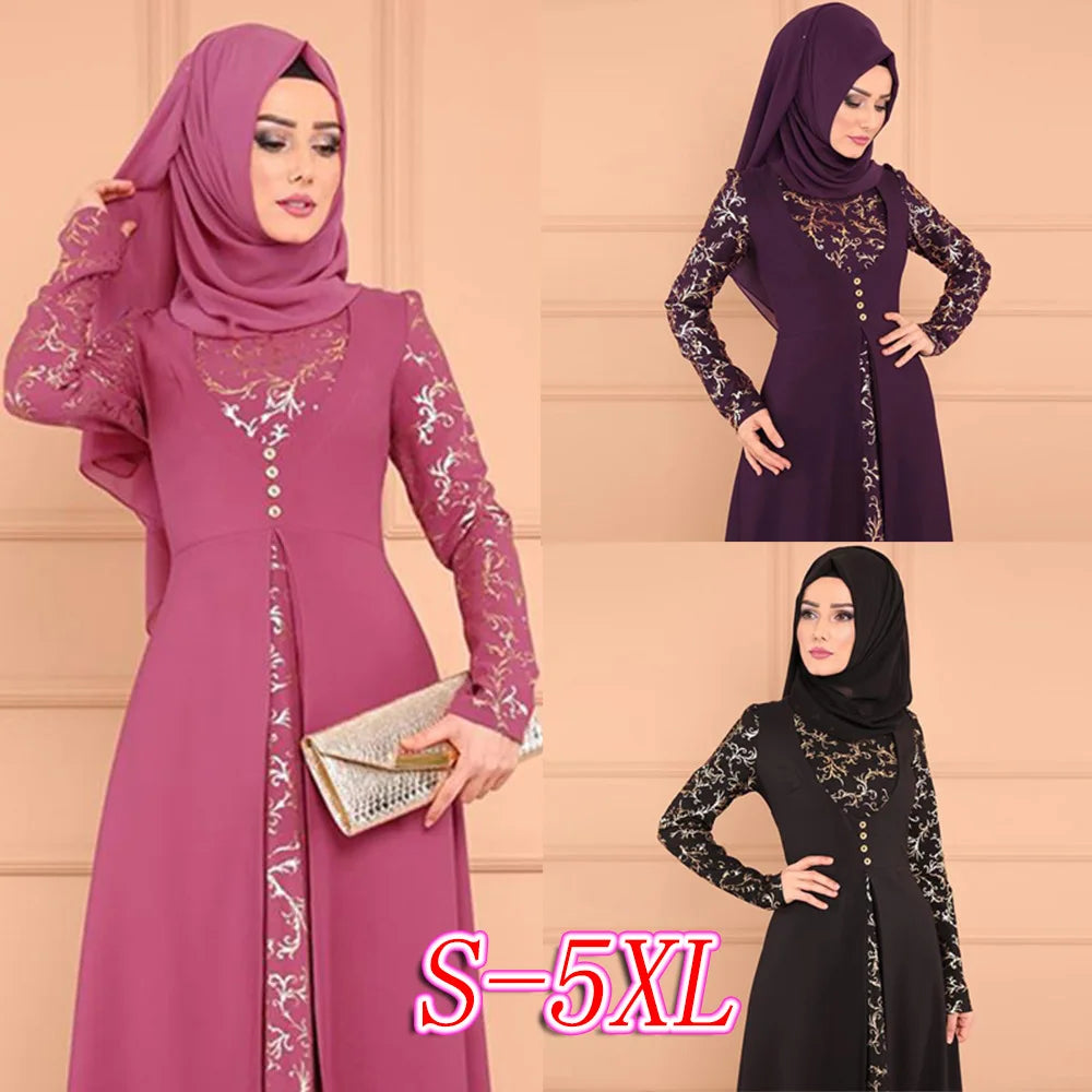 5XL Dubai Langarm Kleid Frauen Muslimischen Gefälschte Zwei Stück Party Kleider Ethnische Islamischen Kostüm Abaya Große Größe Kleidung.