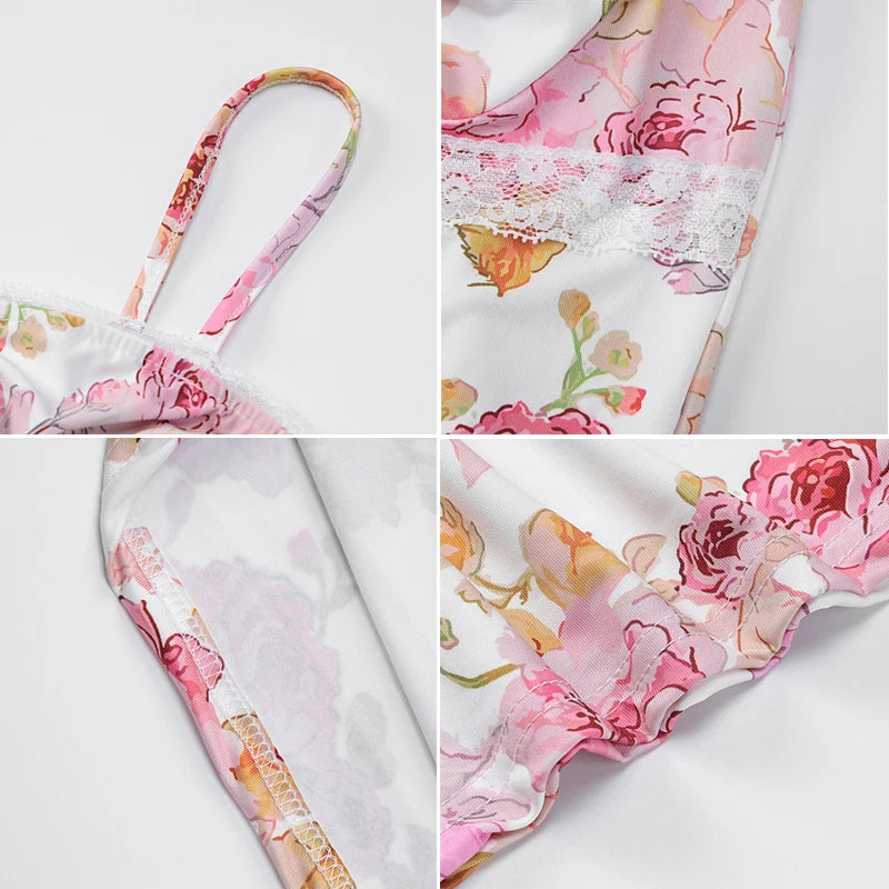 Damen-Kleid mit Blumendruck, Spaghettiträger, ärmellos, schmale Passform, Sommer, rückenfrei, langes Kleid für Party und Strand.