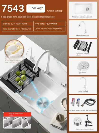 White Stainless Steel Kitchen Sink with Digital Display Multifunction Waterfall Faucet large Wash Basin for Kitchen Accessories
