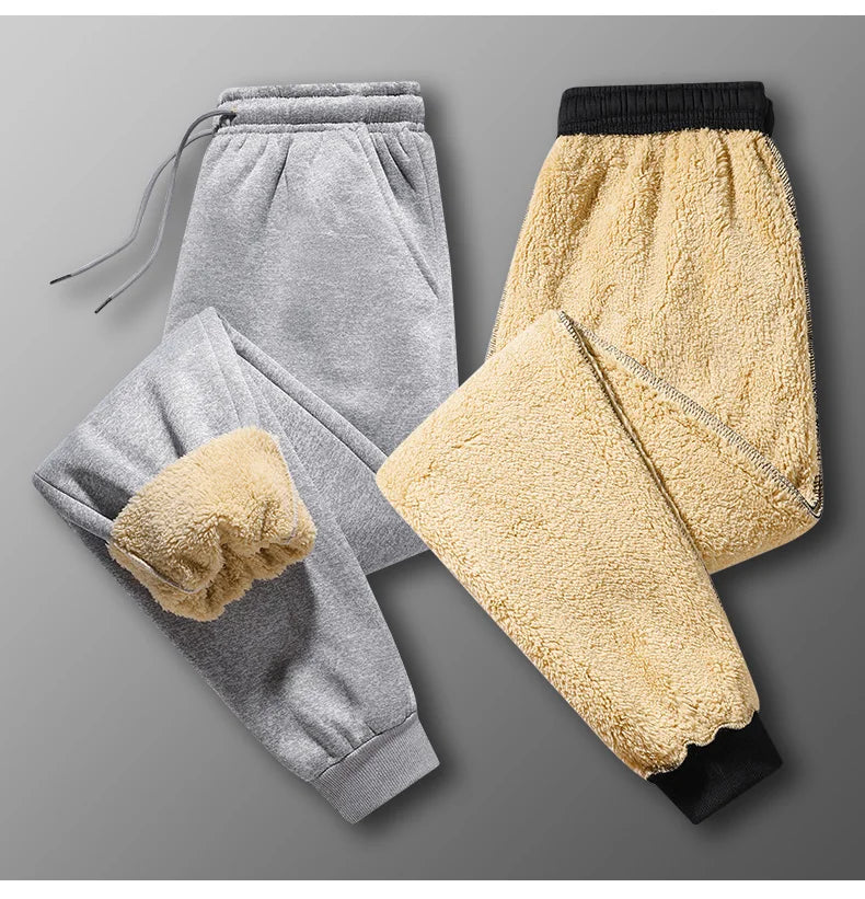 Pants for men in autumn and winter, thickened with fleece for outerwear, casual pants, warm lamb wool sports sweatpants.