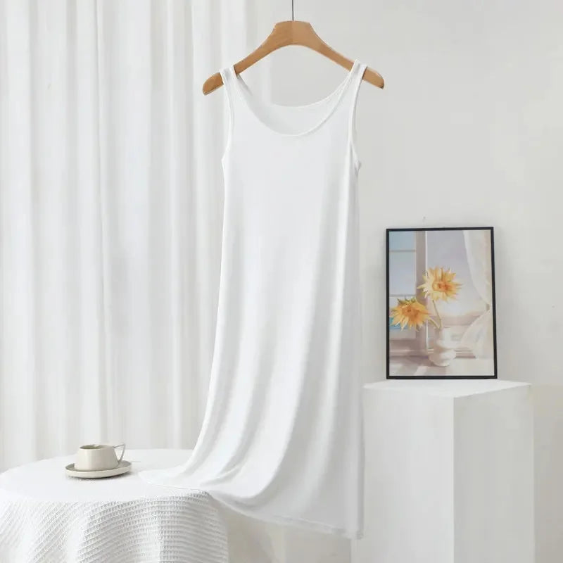 Plus Size Modal Langes Kleid Damen Frühling Sommer Lose A-Linie Bodenrock Home Nachtwäsche Ärmelloses Kleid in reiner Farbe