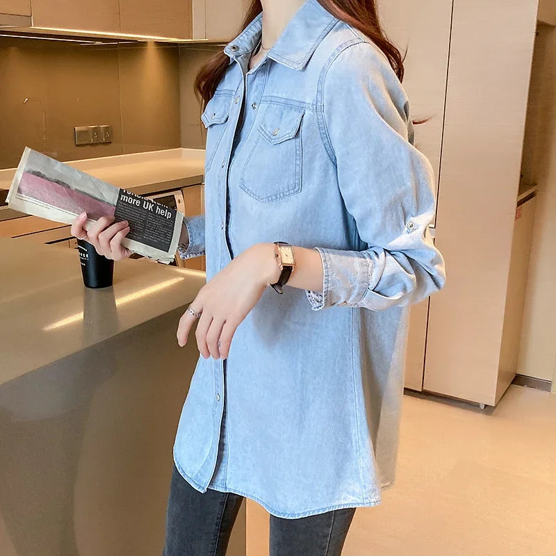 Women's Loose Denim Shirt with Long Sleeves New Spring and Autumn Thin Top Mid To Long Length Jacket and Outer Shirt 11968.