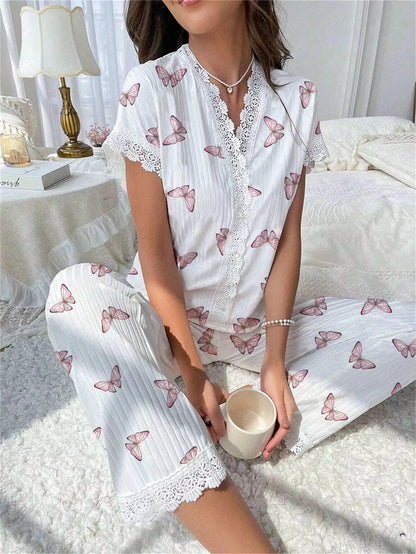 Damen-Pyjama-Set mit Spitzenbesatz, kurzärmliges Oberteil mit Knöpfen vorne und durchgehende Hose, Kirschdruck, 2-teilig, Nachtwäsche, Nachtwäsche, Homewear.