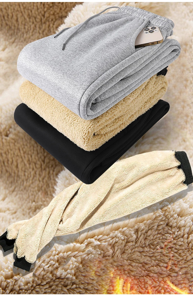 Pants for men in autumn and winter, thickened with fleece for outerwear, casual pants, warm lamb wool sports sweatpants.