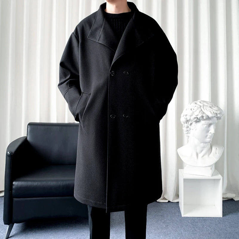 Korean Trend Men's Lapel coat Loose  Casual Double-breasted Overcoat Autumn Winter Fashion New Long Sleeve Woolen Coat.
