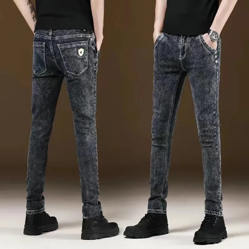 Slim Fit Men's Jeans Casual Elastic Korean Style Autumn Grey Trendy Long Pants Versatile Slim Legged Casual Trousers