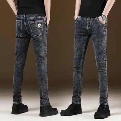 Slim Fit Men's Jeans Casual Elastic Korean Style Autumn Grey Trendy Long Pants Versatile Slim Legged Casual Trousers