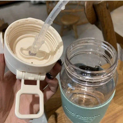 500ml Portable Water Bottle with Straw Creative Cute Leak-proof Plastic Drinking Bottle Milk Coffee Tea Juice Cup Drinkware.