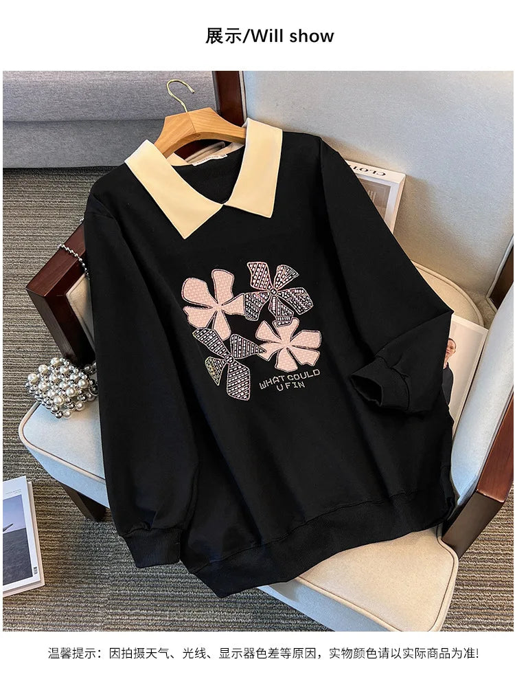 170 kg Plus Size Damen-Büste 170 Frühling Herbst Loose Diamond Collared Sweatshirt Schwarz 4XL 5XL 6XL 7XL 8XL 9XL.