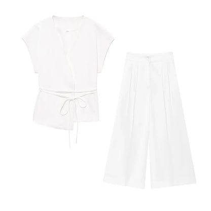 TFMLN Fashion Women's Trouser Suits Sleeveless V-Neck Top With Belt Straight Pants Sets 2025 Spring Summer Commuter 2 Piece Set