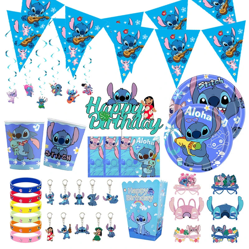 Stitch Party Supplies für Kinder Lilo und Stitch Geburtstag Party Dekorationen Luftballons Banner Tischdecke Hintergrund Geschirr.