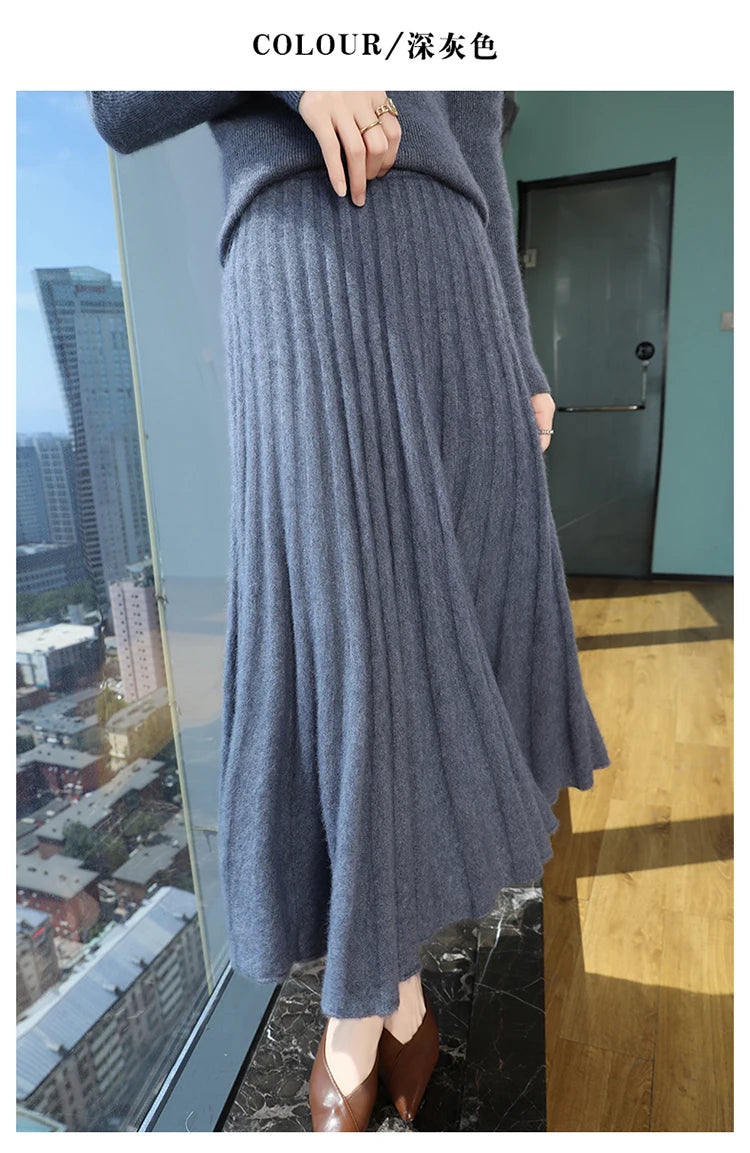 mink cashmere skirt Fashion long dress women A-line skirt autumn winter loose pleated skirt elegant high-waisted skirt ladies.