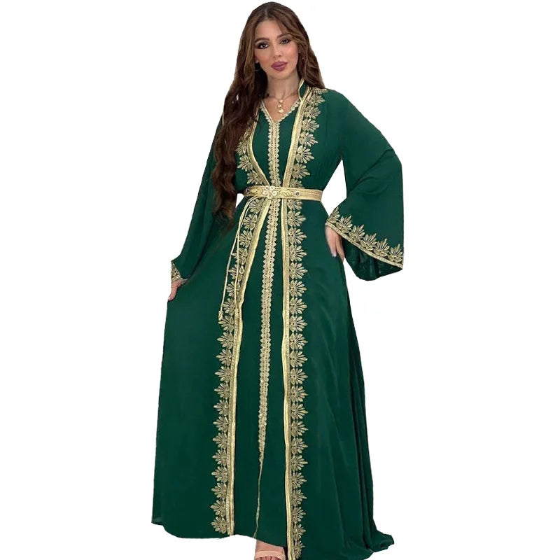 Eid Muslim Women Party Dresses Jalabiya 2 Piece Set Embroidery Arab Long Robe Ramadan Morocco Dubai Abayas Islam Vestidos Kaftan.