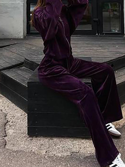 Women Autumn Hooded Coat Two Pieces Sets, Solid Patchwork Wide Leg Pants Chic Outfit, New Long Sleeve Casual Simple Ladies Suits