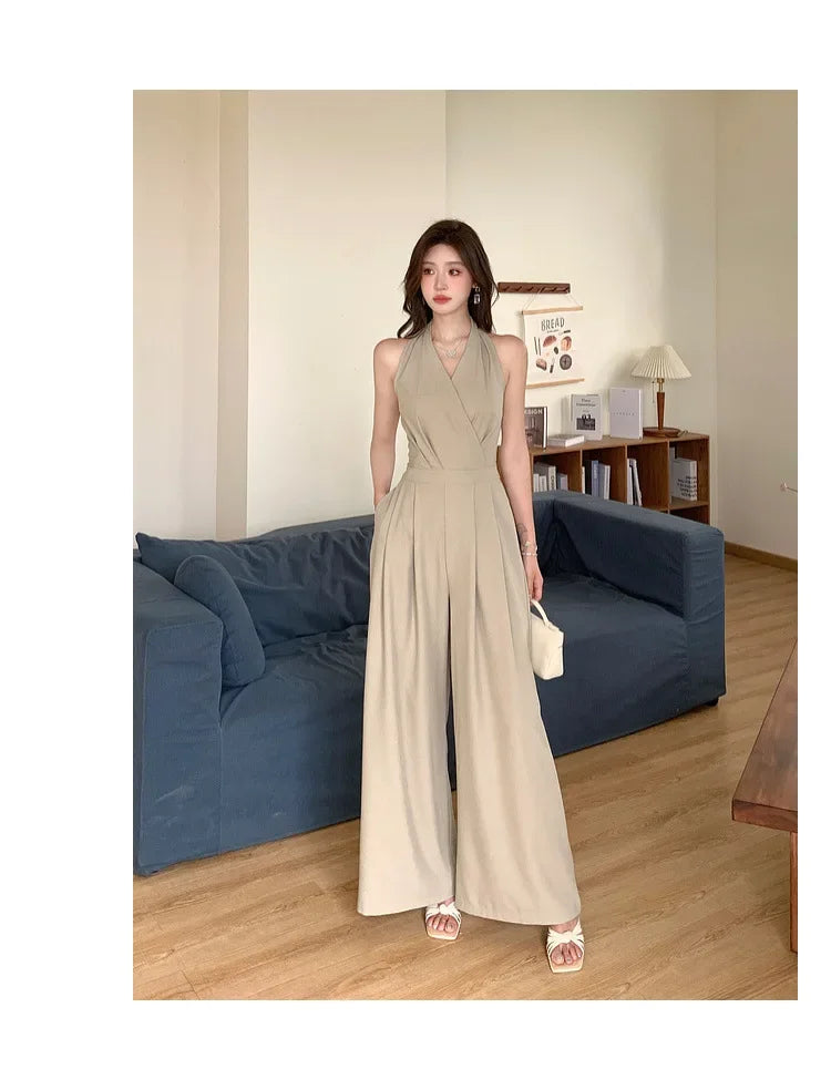 French Vintage Polyester Halter One-Piece Pants Women's Summer Business Commute High Waist Slimming Versatile Suit Long Pants