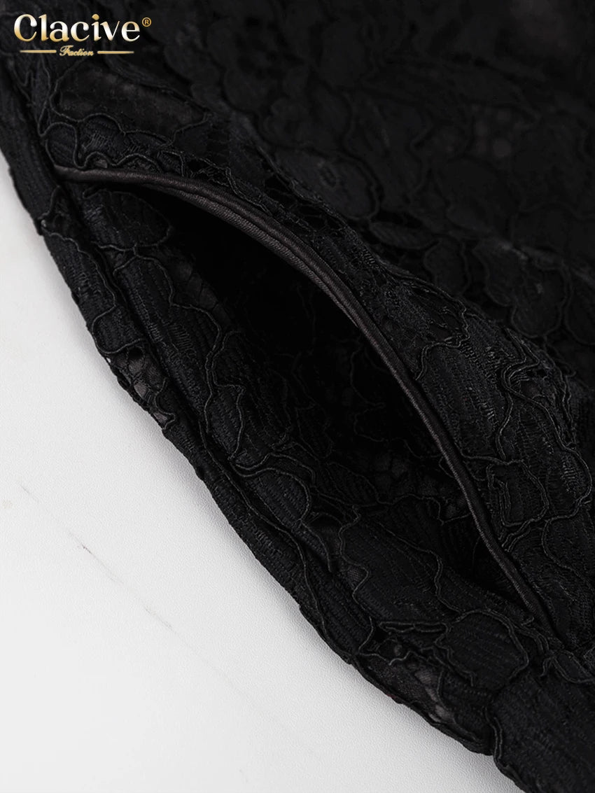 Clacive Sexy Loose Black Lace See Through Trousers Sets Women 2 Pieces Fashion Long Sleeve Shirt With High Waist Wide Pants Set.