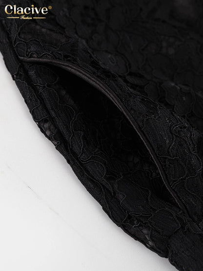 Clacive Sexy Loose Black Lace See Through Trousers Sets Women 2 Pieces Fashion Long Sleeve Shirt With High Waist Wide Pants Set.