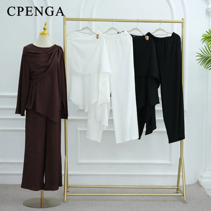 Eid Muslim Women Abaya Set Elegant Dubai Solid Color Button-Down Cardigan and Pants Suit Islam Modest Outfit 2025 Turkey Clothes.